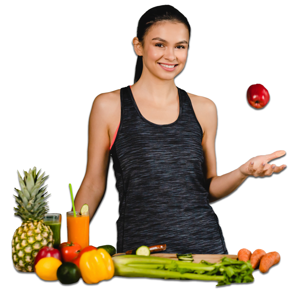Woman with an apple and other fruit at e-NutritionStore.com