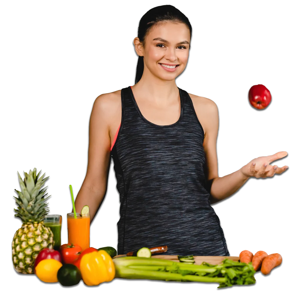 Woman with an apple and other fruit at e-NutritionStore.com